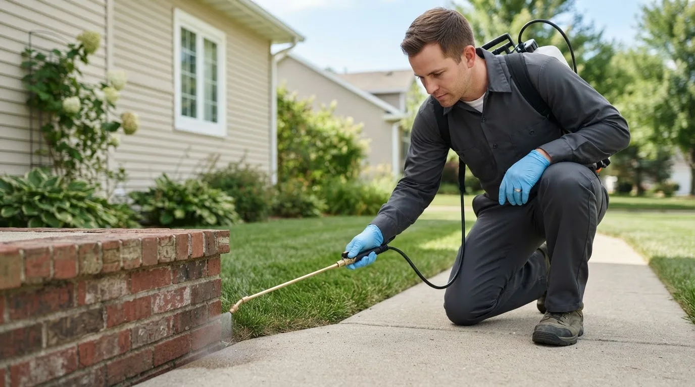 Pest control technician treating a home near Laurel, IN